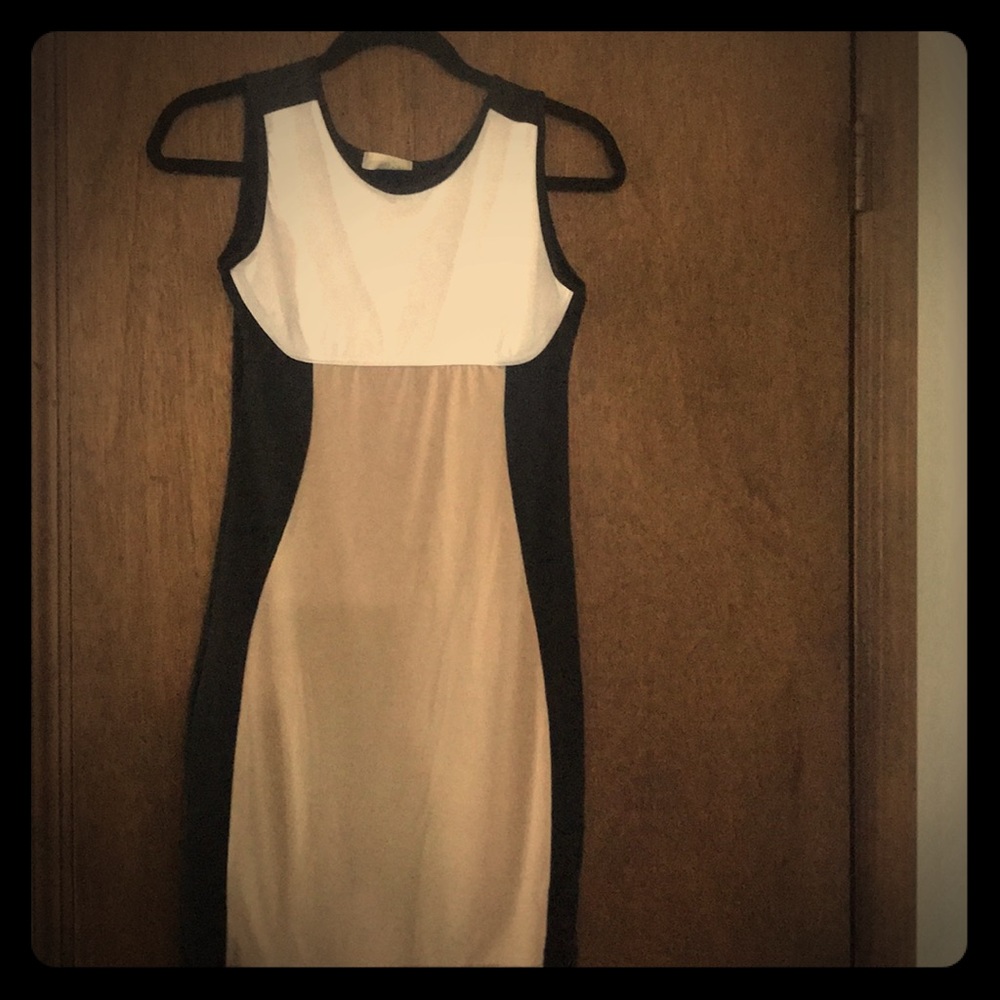 Stretchy black, nude and white color block dress